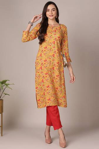 Women yellow printed rayon ethnic kurti
