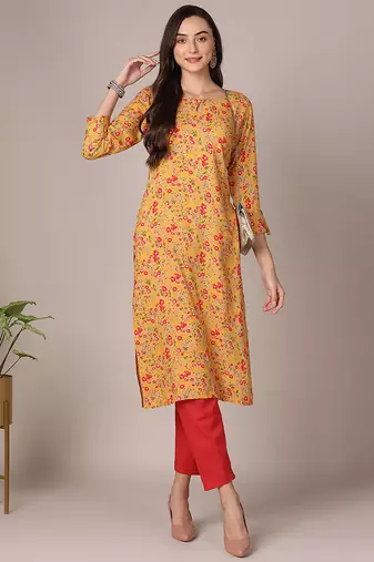 Women yellow printed rayon ethnic kurti