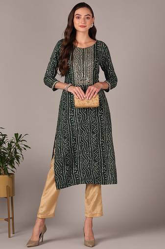 Women green embroidered rayon ethnic kurti