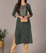 Women green embroidered rayon ethnic kurti