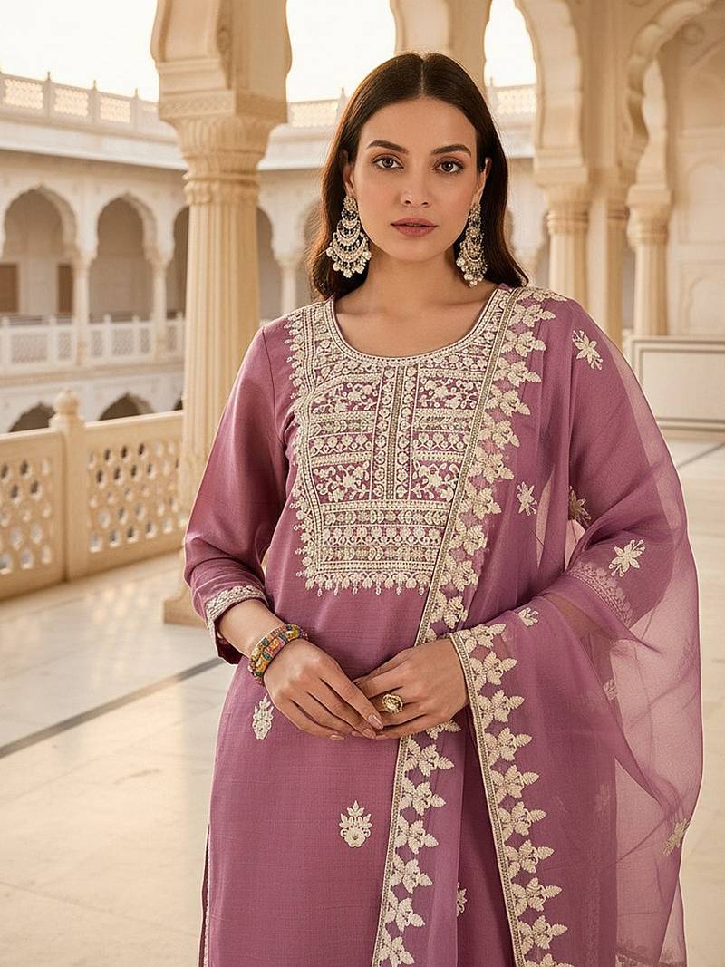 women pink silk blend solid embroidered straight kurta trousers with dupatta