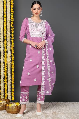 women pink silk blend solid embroidered straight kurta trousers with dupatta