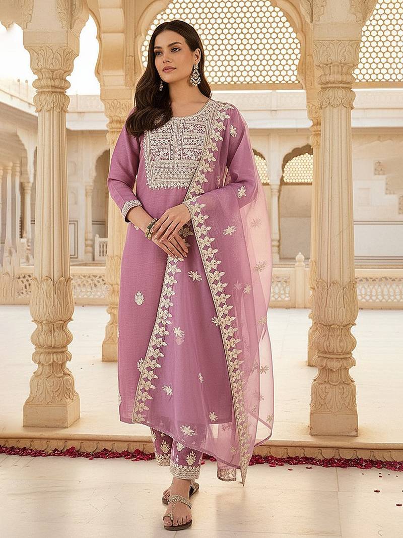 women pink silk blend solid embroidered straight kurta trousers with dupatta