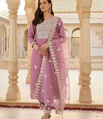 women pink silk blend solid embroidered straight kurta trousers with dupatta