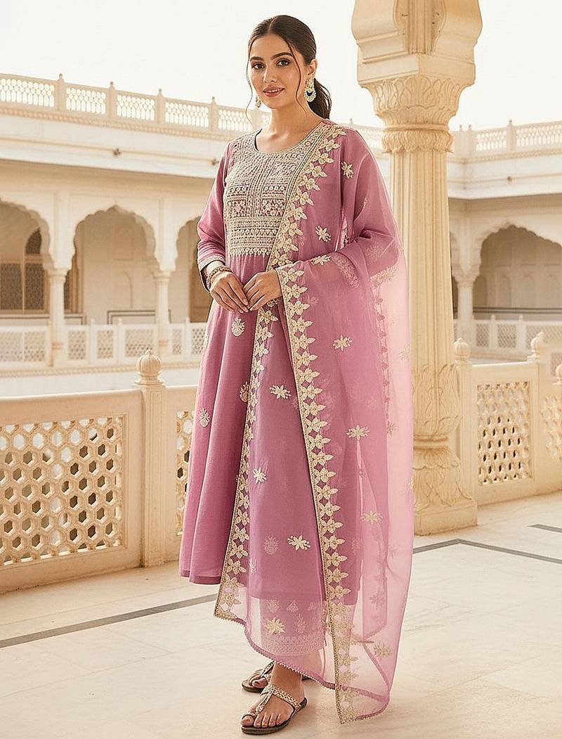 women pink silk blend solid embroidered straight kurta trousers with dupatta
