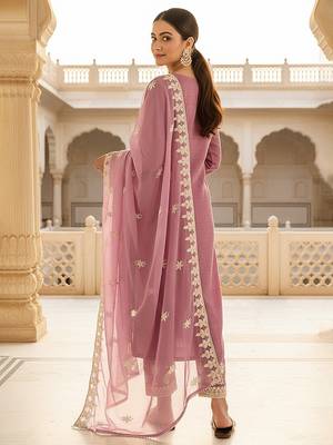 women pink silk blend solid embroidered straight kurta trousers with dupatta 4