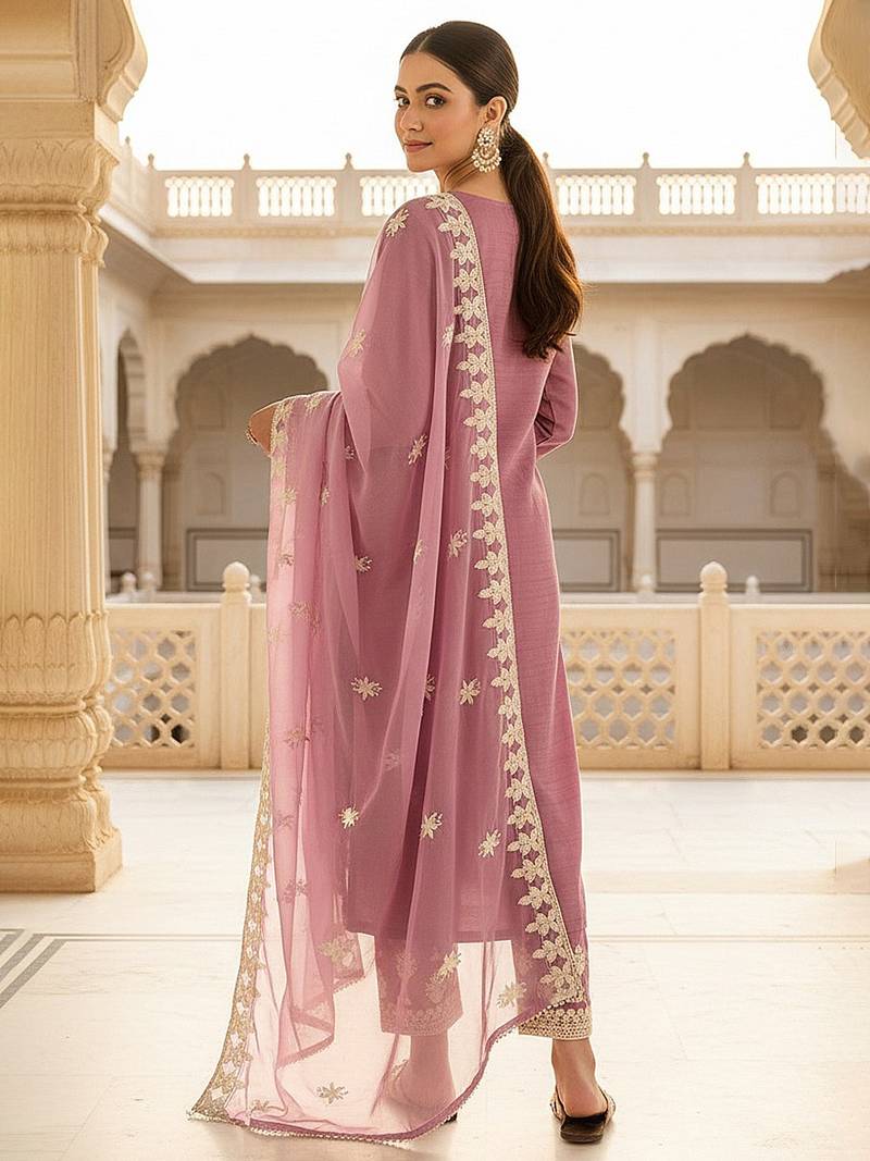 women pink silk blend solid embroidered straight kurta trousers with dupatta
