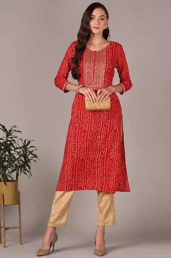 Women red embroidered rayon ethnic kurti