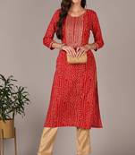 Women red embroidered rayon ethnic kurti