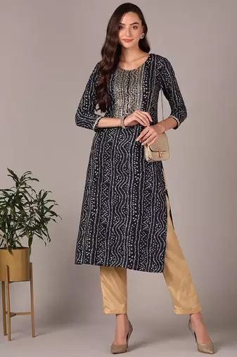 Women navy-blue embroidered rayon ethnic kurti