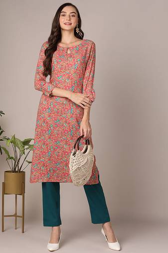 Women pink printed rayon ethnic kurti