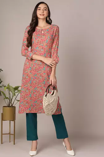 Women pink printed rayon ethnic kurti