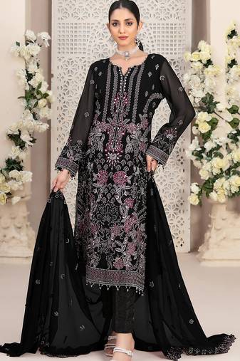 Black color embroideried faux georgette semi stitched salwar suit