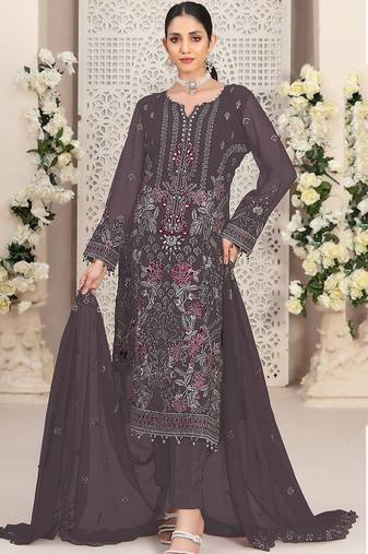Dark-plum color embroideried faux georgette semi stitched salwar suit