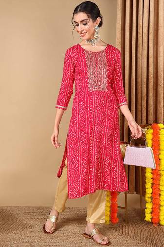 Women pink embroidered rayon ethnic kurti