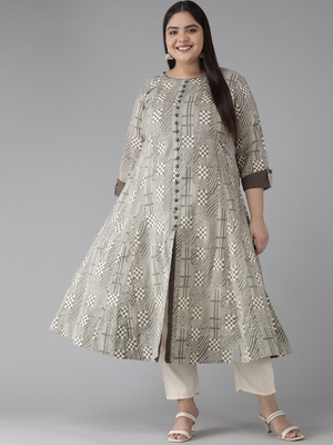  women's plus size cotton geomatrical printed anarkali kurti (grey) 1