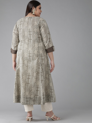  women's plus size cotton geomatrical printed anarkali kurti (grey) 2