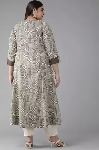  women's plus size cotton geomatrical printed anarkali kurti (grey)