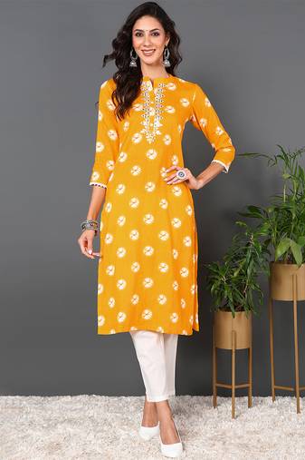 Women yellow embroidered cotton ethnic kurti