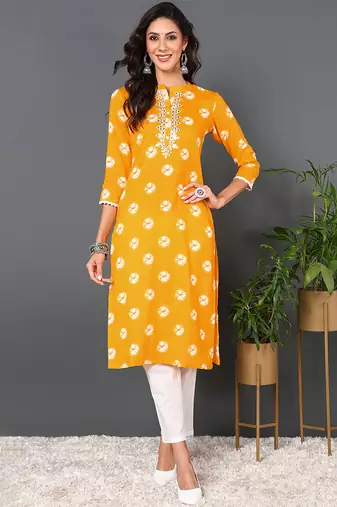 Women yellow embroidered cotton ethnic kurti