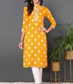 Women yellow embroidered cotton ethnic kurti
