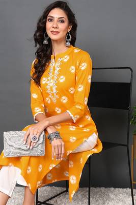 Women yellow embroidered cotton ethnic kurti 2