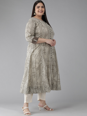  women's plus size cotton geomatrical printed anarkali kurti (grey) 3