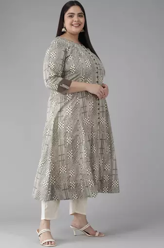  women's plus size cotton geomatrical printed anarkali kurti (grey)