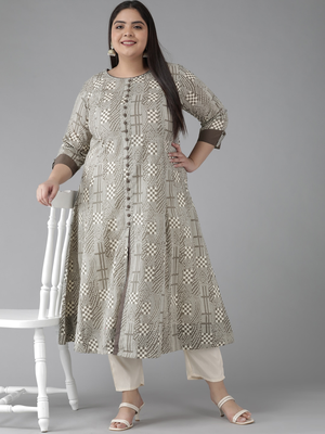  women's plus size cotton geomatrical printed anarkali kurti (grey) 4