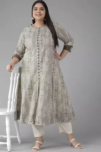  women's plus size cotton geomatrical printed anarkali kurti (grey)