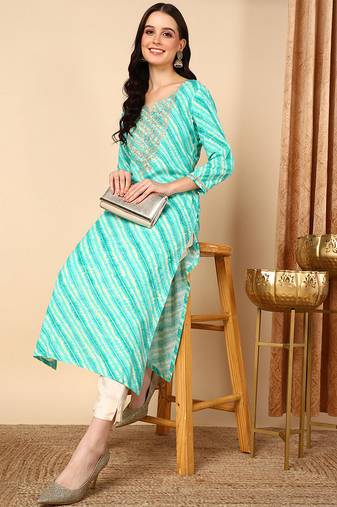 Women green printed rayon ethnic kurti