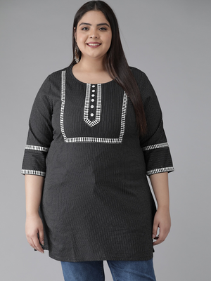 Women'S Plus Size Cotton Kantha Short Kurti (Black) 1
