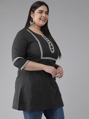 Women'S Plus Size Cotton Kantha Short Kurti (Black) 3
