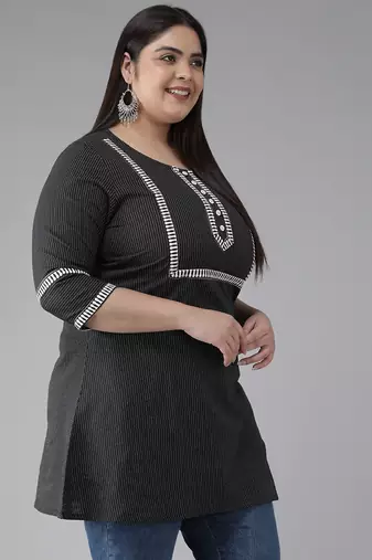 Women'S Plus Size Cotton Kantha Short Kurti (Black)
