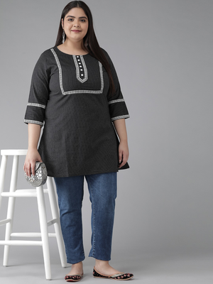 Women'S Plus Size Cotton Kantha Short Kurti (Black) 4