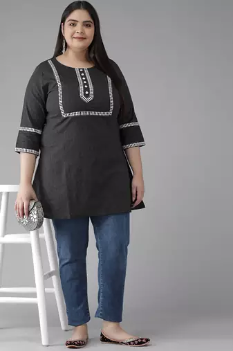Women'S Plus Size Cotton Kantha Short Kurti (Black)