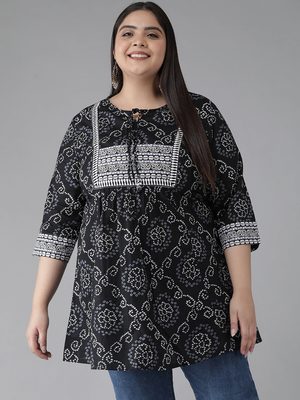 Women'S Plus Size Cotton Bandhej Printed Short Kurti (Black) 1