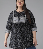 Women'S Plus Size Cotton Bandhej Printed Short Kurti (Black)