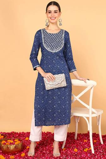 Women navy-blue printed cotton ethnic kurti