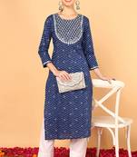 Women navy-blue printed cotton ethnic kurti