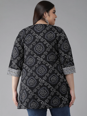 Women'S Plus Size Cotton Bandhej Printed Short Kurti (Black) 2