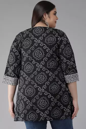 Women'S Plus Size Cotton Bandhej Printed Short Kurti (Black)