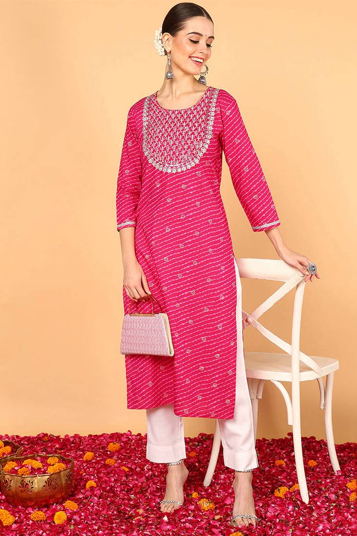 Women pink printed cotton ethnic kurti