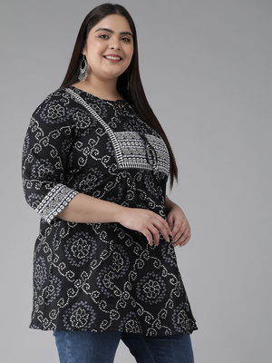 Women'S Plus Size Cotton Bandhej Printed Short Kurti (Black) 3