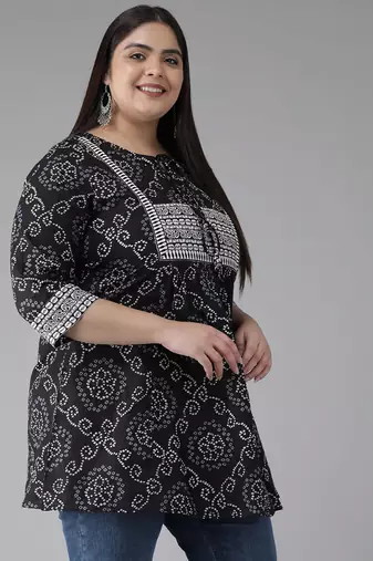 Women'S Plus Size Cotton Bandhej Printed Short Kurti (Black)