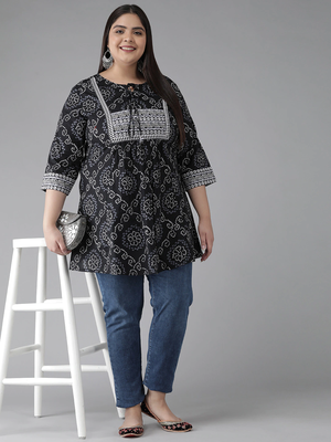 Women'S Plus Size Cotton Bandhej Printed Short Kurti (Black) 4