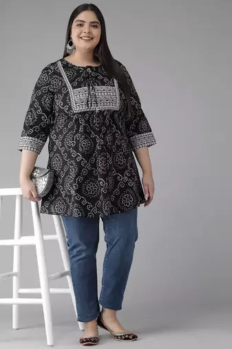 Women'S Plus Size Cotton Bandhej Printed Short Kurti (Black)