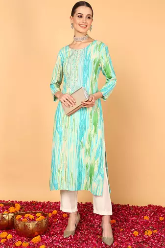 Women blue printed rayon ethnic kurti