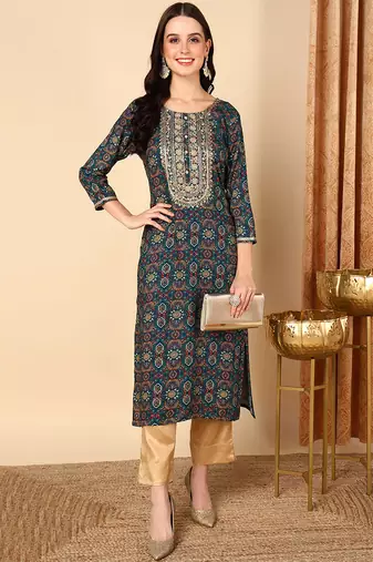 Women blue printed rayon ethnic kurti