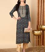 Women blue printed rayon ethnic kurti
